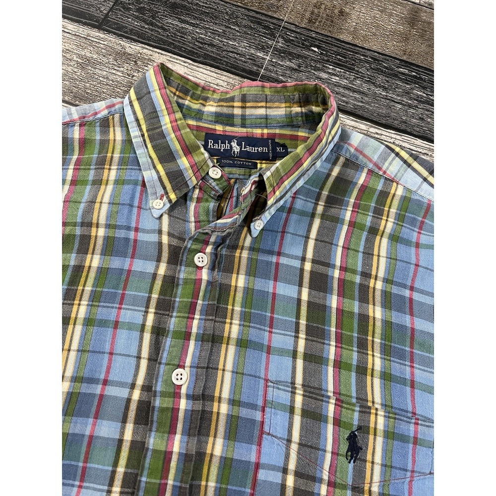 Ralph Lauren Shirt Mens Large Indian Madras Short Sleeve‎ Pocket Blue Pony